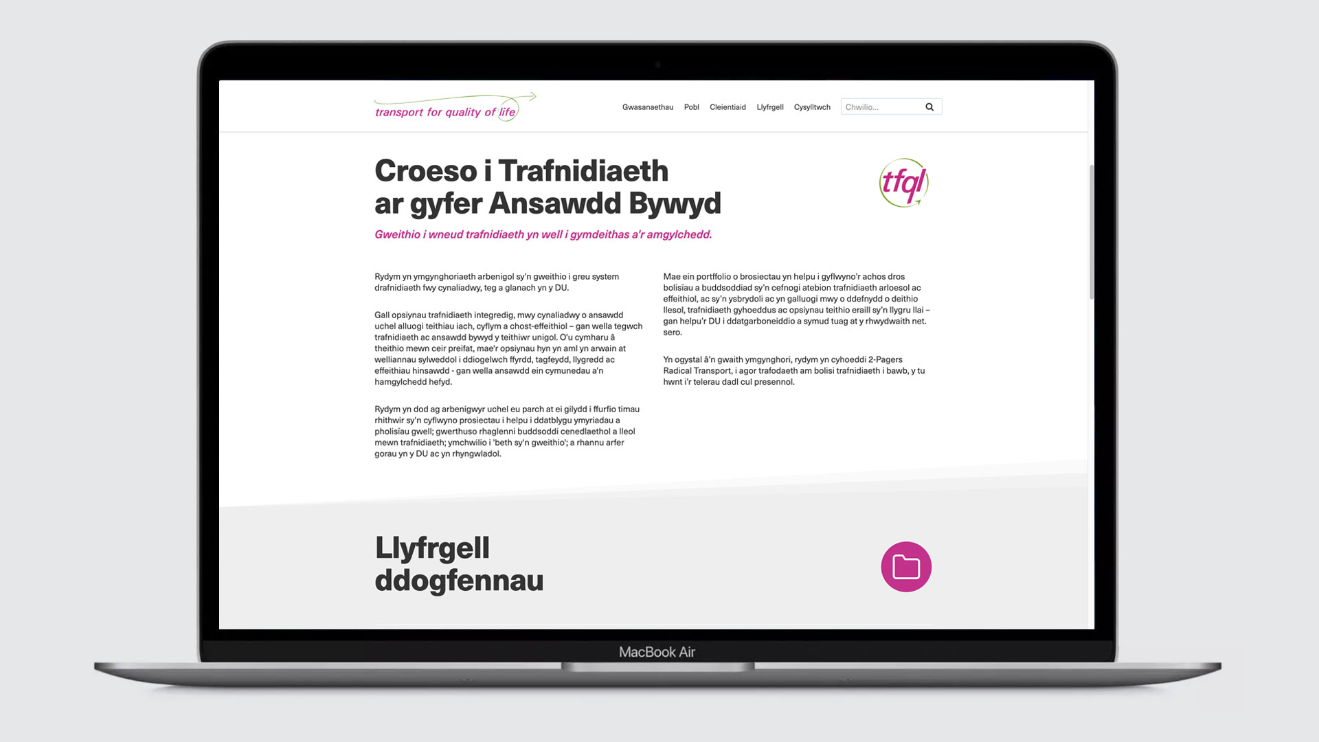 transport for quality of life website - home page in welsh